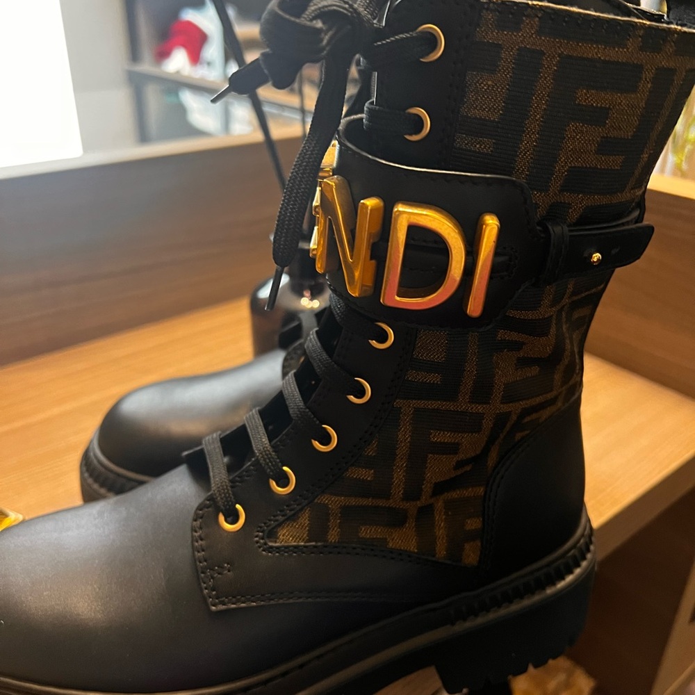 Fendi Black and Gold Logo Boots